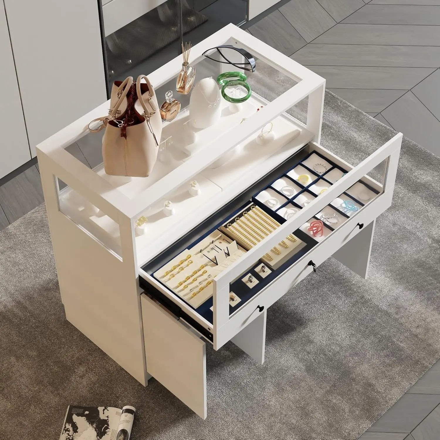 Lockable Glass Display Cabinet Closet Island ,Collectibles Showcase with 3 Doors, Walk in Display Island , Cloakroom, White