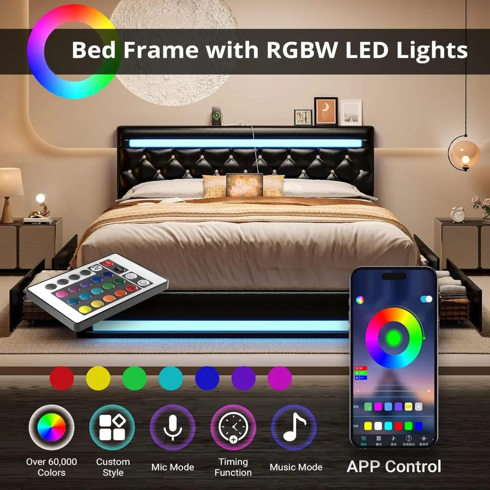 Full Size Bed Frame with LED Light, PU Leather Platform Bed Frame with 4 Drawers, Adjustable Tufted Headboard