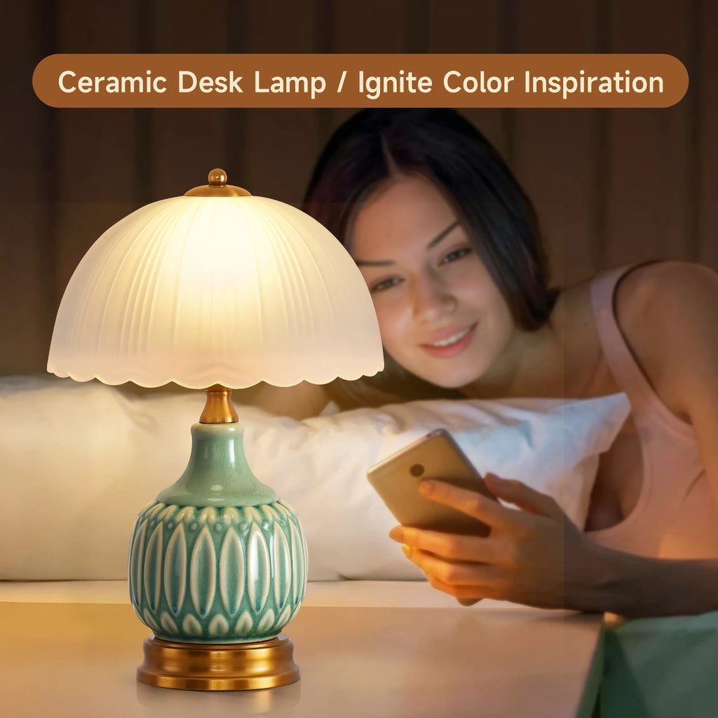 Vintage Lamp for Living Room,16" Modern Ceramic Table Lamps for Bedroom, Retro Bedside Nightstand/ Traditional Lamps ,Classic Chino