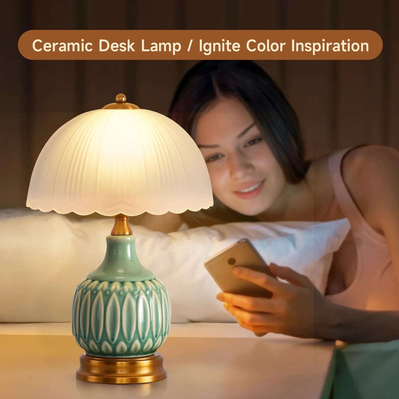 Vintage Lamp for Living Room,16" Modern Ceramic Table Lamps for Bedroom, Retro Bedside Nightstand/ Traditional Lamps ,Classic Chino