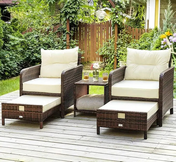 5 Pieces Patio Furniture Set, Rattan Balcony Furniture with Ottomans, PE Wicker Outdoor Patio Chairs Set with Coffee Table for