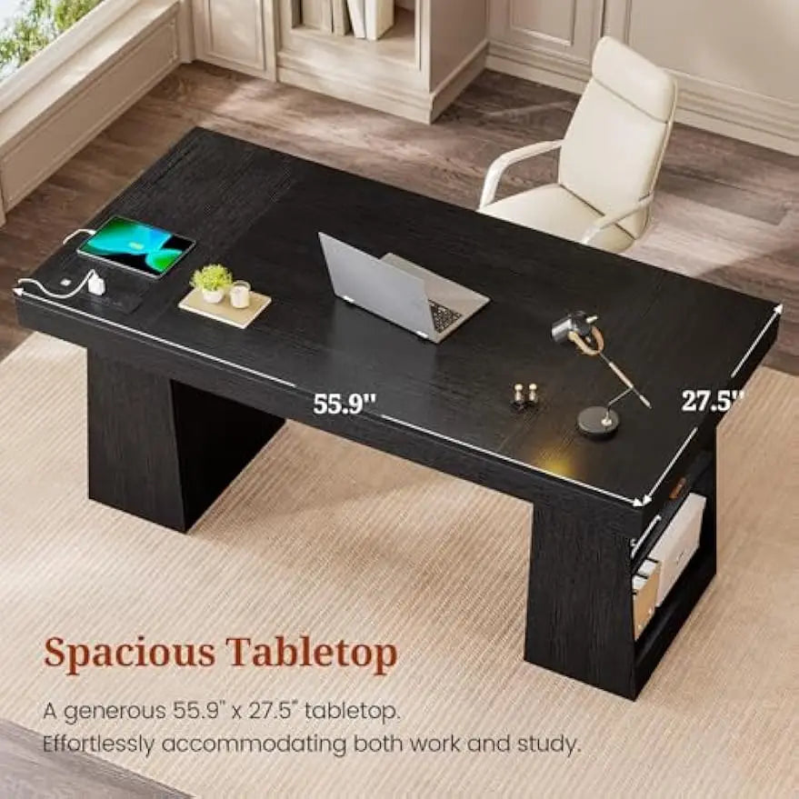 55.9" Executive Desk with Power Outlets, Modern Home Office Desk with Storage Shelves, Black