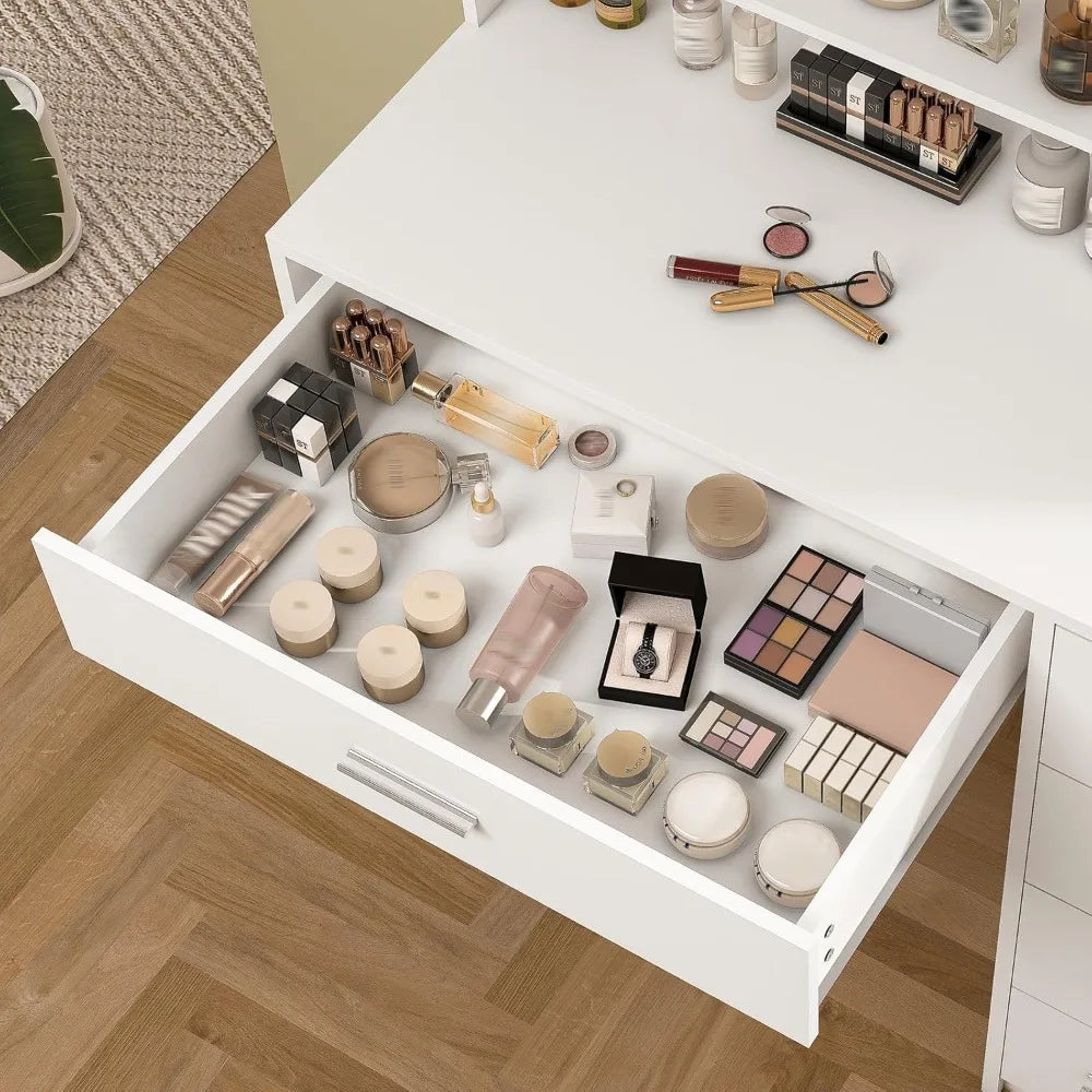 Makeup Vanity Desk with Mirror & Lights, 5 Drawers & Storage Shelves, Vanity Table, 3 Color Modes & Adjustable