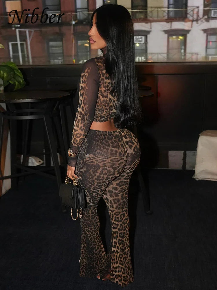 Sexy 2 Piece Set Women See Through Midnight Party Full Sleeve Crop Top + Pants Matching Clubwear