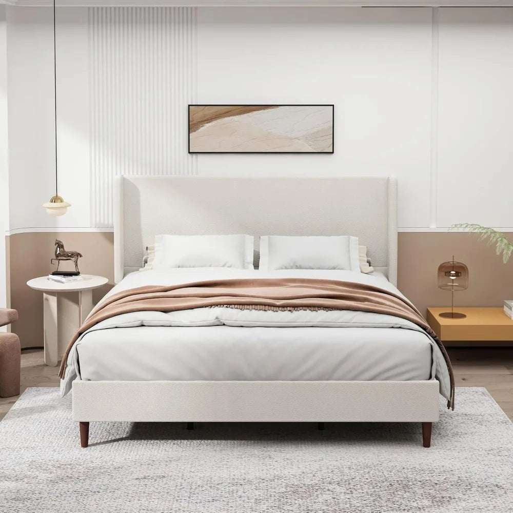 King Size Platform Bed Frame,Upholstered Bed Frame with Wing Side Headboard