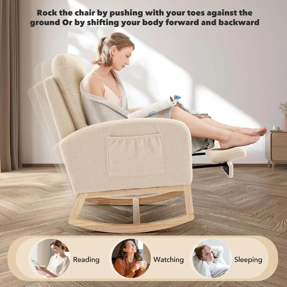 Modern Upholstered Glider Rocking Chair with Side Pocket, High Backrest and Padded Seat for Nursery and Living Room