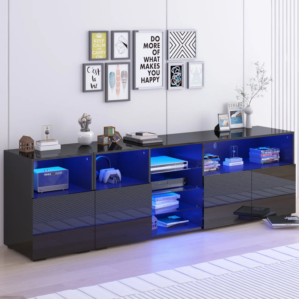 79" LED TV Stand for 75/80/85" TV,  High Gloss TV Cabinet w/Adjustable Storage Shelf, Modern Entertainment Center, White/Black