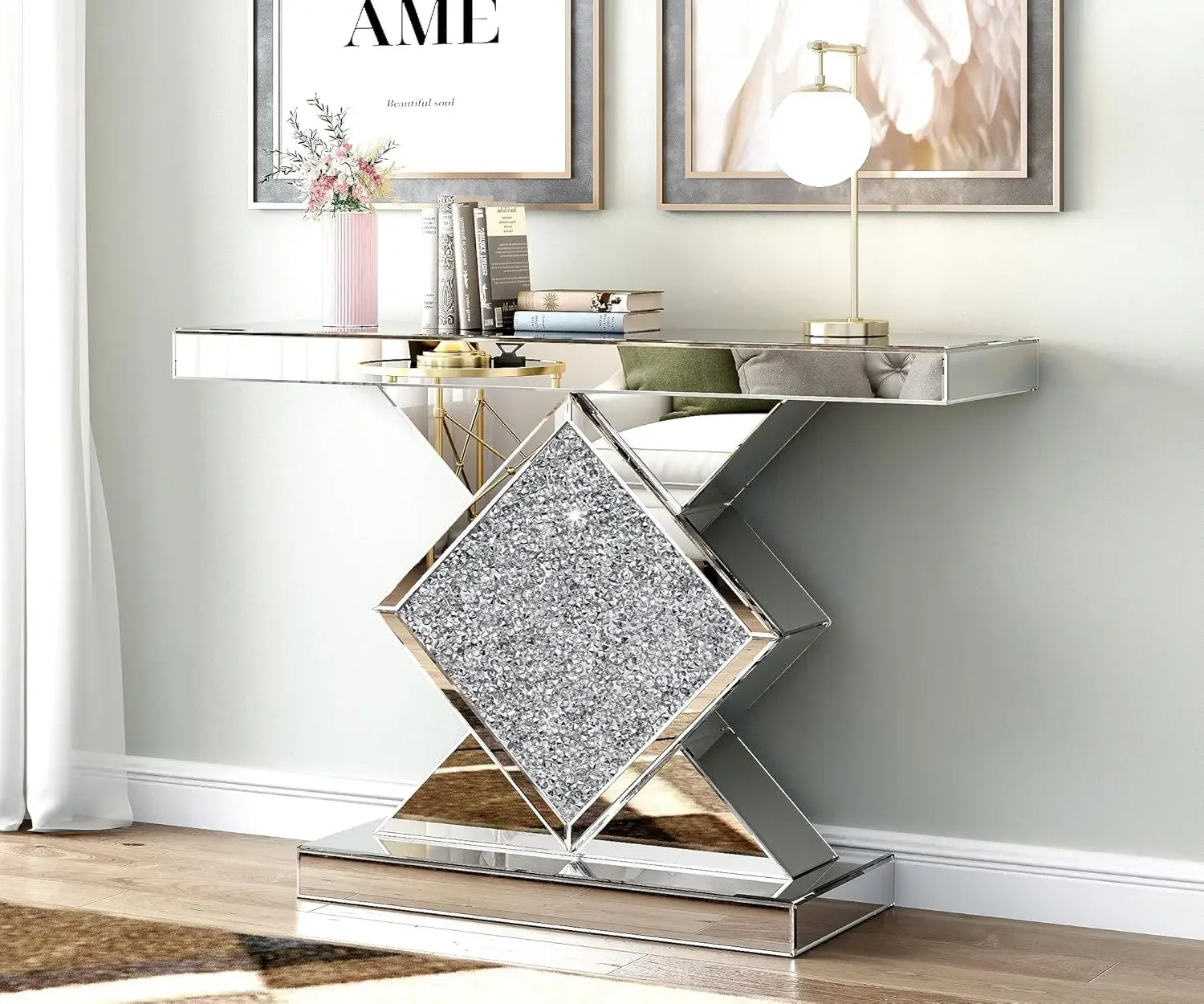 SHYFOY 47.2'' Console Table Mirrored  with Diamond Shaped Long Accent Narrow Table Sofa Table Foyer Table