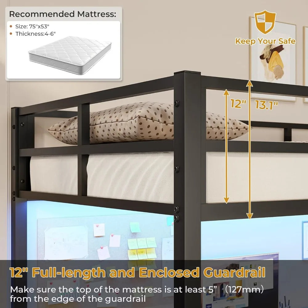 Full-Size Metal Loft Bed with Desk, LED Lighting, and Charging Station