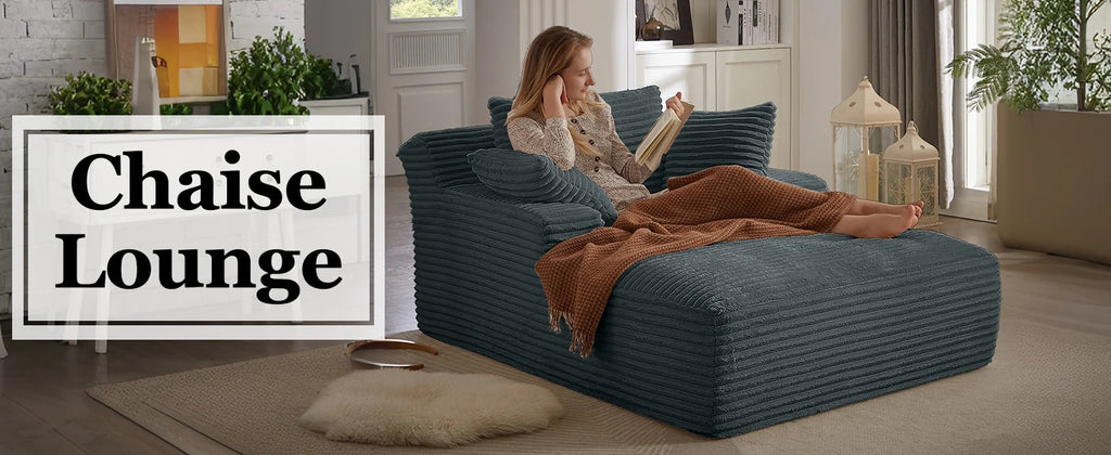 Oversized Chaise Lounge Chair with 3 Comfy Pillows for Living Room/ Bedroom, Wide Arms/ Corduroy Fabric/ High-Density