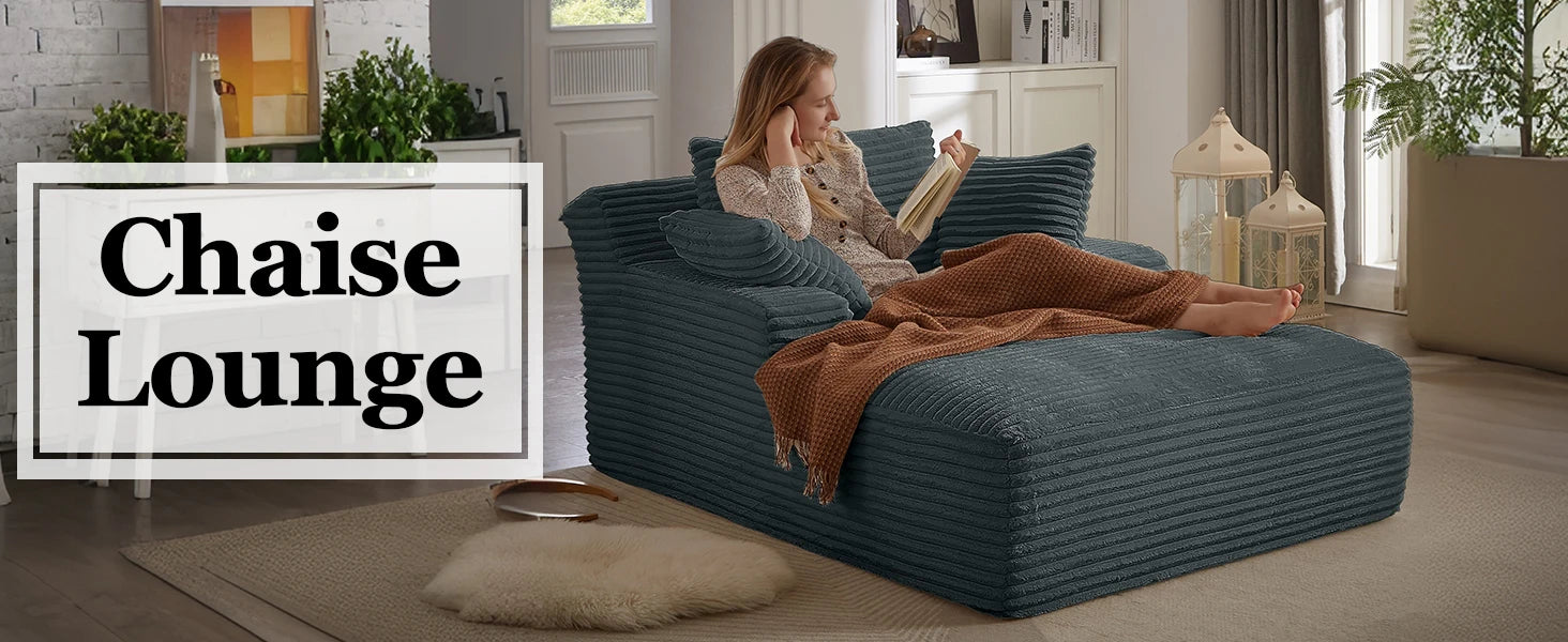 Oversized Chaise Lounge Chair with 3 Comfy Pillows for Living Room/ Bedroom, Wide Arms/ Corduroy Fabric/ High-Density