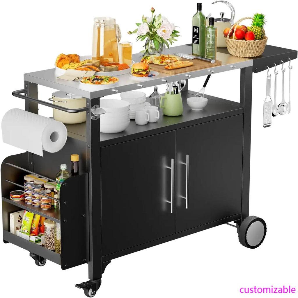 Outdoor Grill Cart with Storage ,Patio Kitchen Island with Wheels, Hooks, and Spice Rack, Waterproof Outdoor Grill Table
