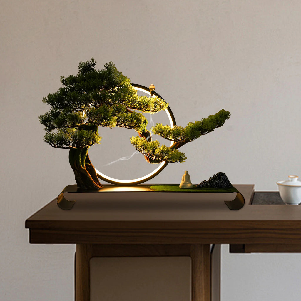 LED Dimmable Artificial Bonsai Tree/ Zen Tabletop Decor/ USB Warm Light Simulation /Pine Tree Desktop Ornament for Home/ Office/ Meditation Room