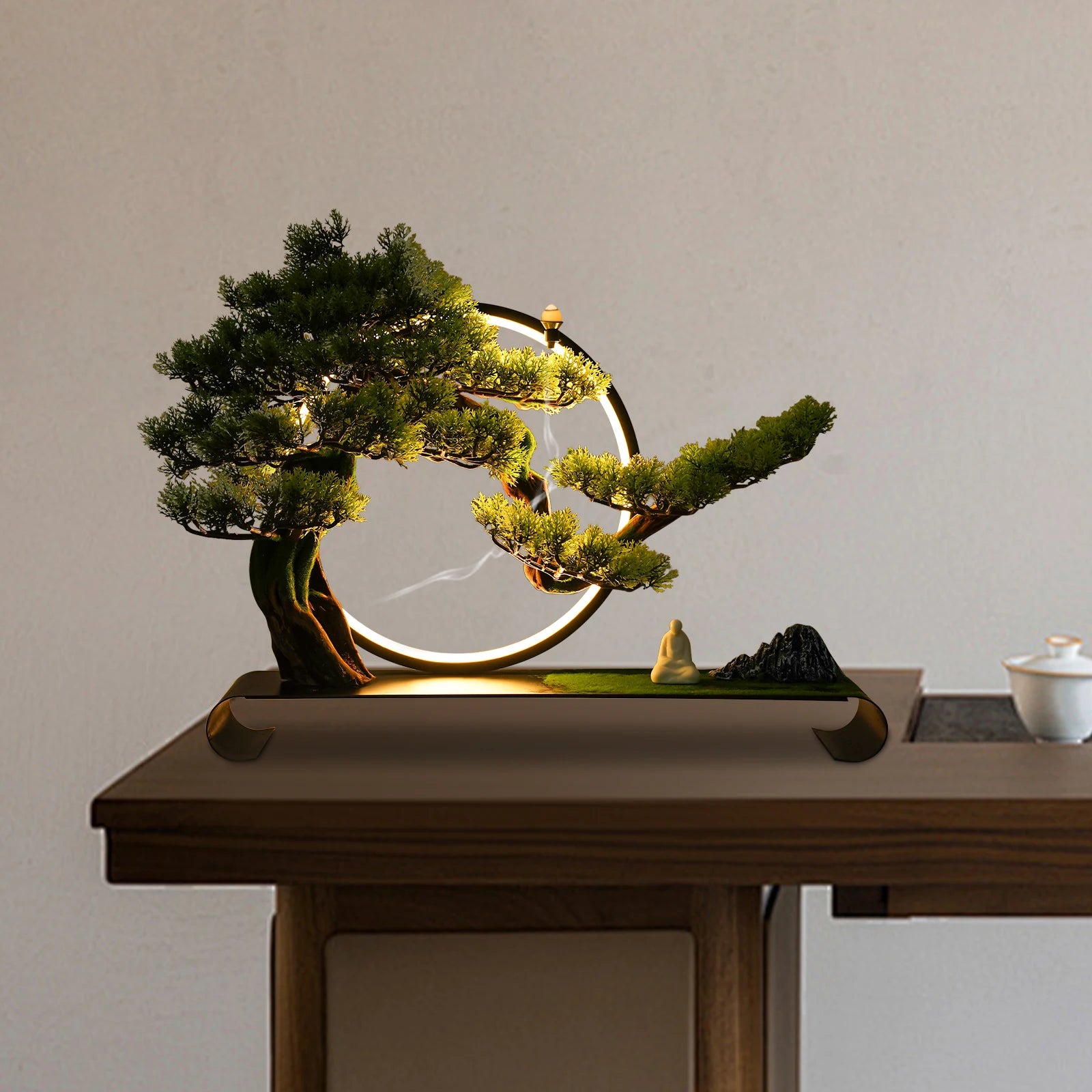 LED Dimmable Artificial Bonsai Tree/ Zen Tabletop Decor/ USB Warm Light Simulation /Pine Tree Desktop Ornament for Home/ Office/ Meditation Room