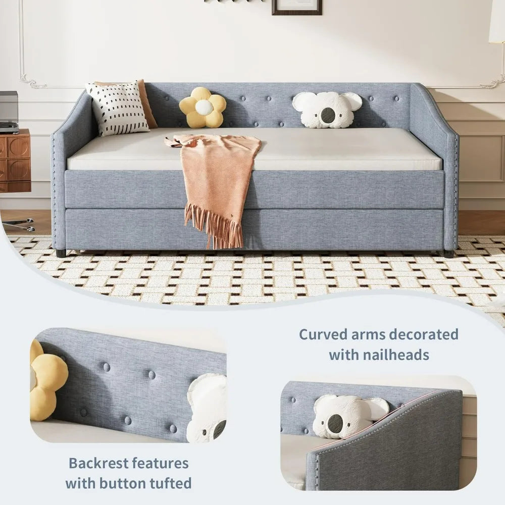 Full Size Tufted Daybed with Trundle and Waved Arm Piping for Guest Bedrooms/Living Rooms