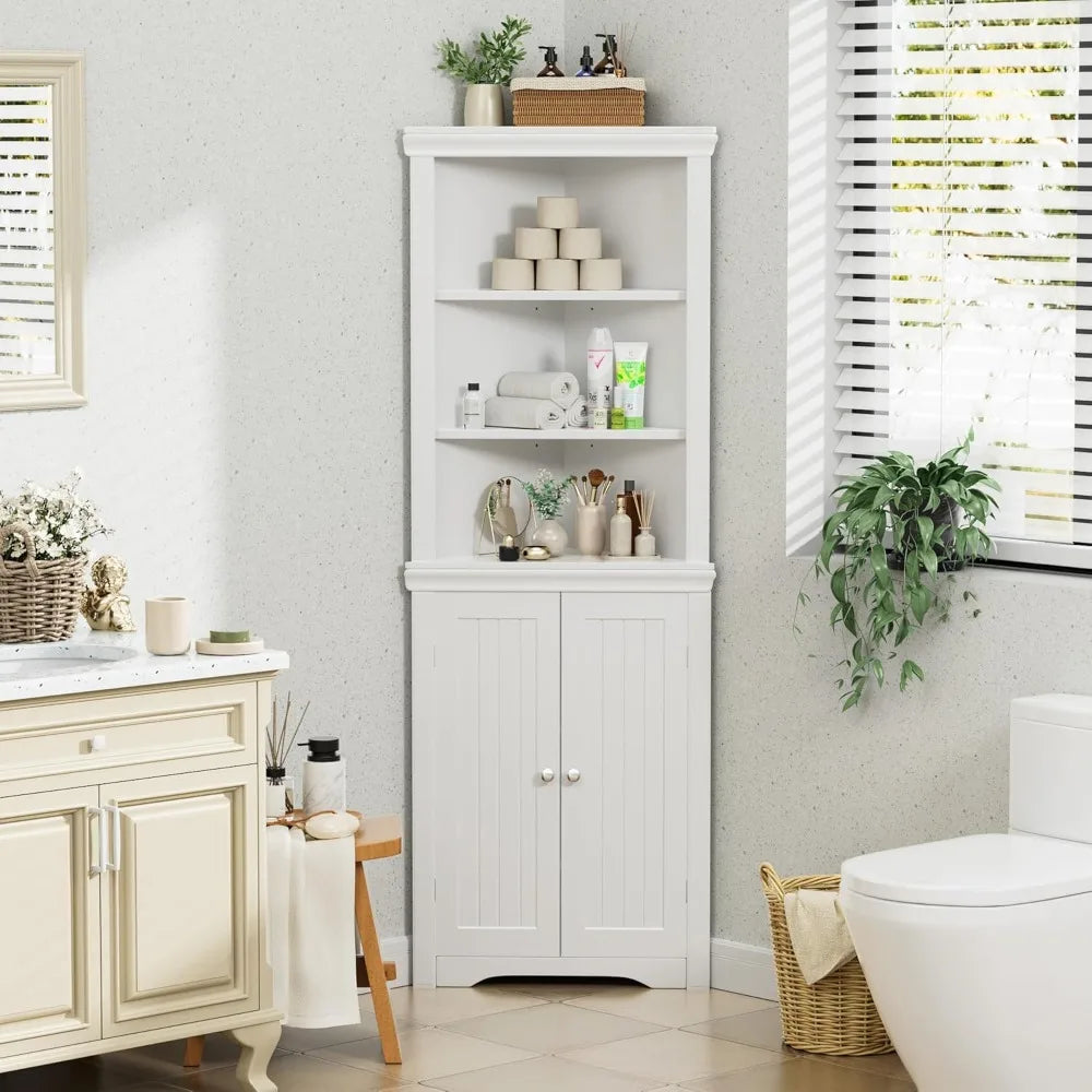 Corner Cabinet, Freestanding Corner Shelf with 2 Doors and 3 Shelves, Bathroom Corner Storage for Bathroom, Living, Bedroom