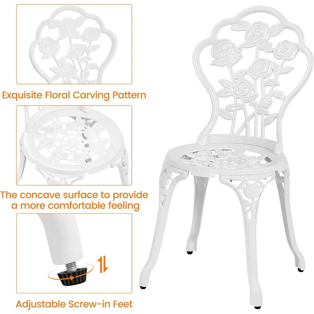 3-Piece Outdoor Bistro Set w/Rose Design, Rust-Resistant Cast Aluminum Table and Chairs w/Umbrella Hole for Balcony/Backyard