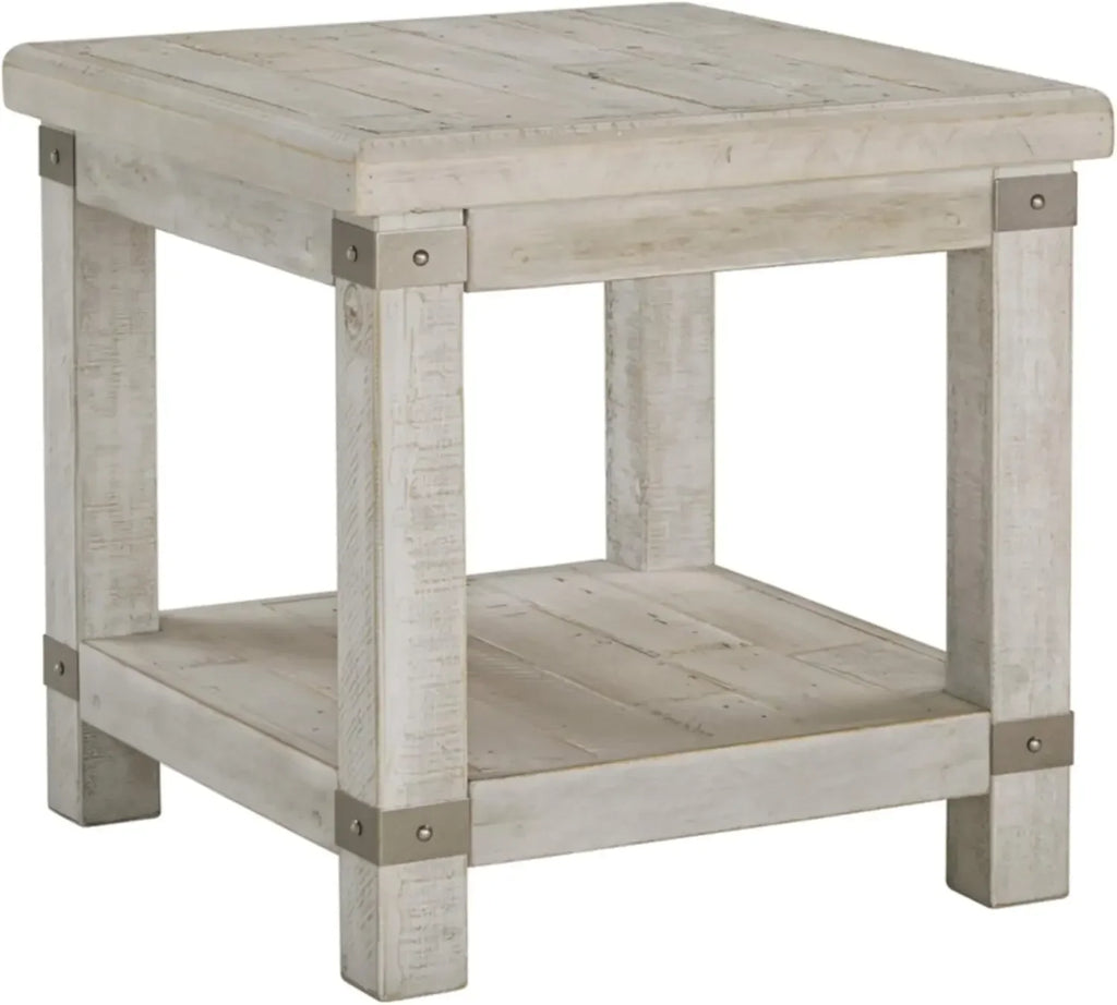 Rectangular End Table with Lower Shelf, 2 Electrical Outlets and 2 USB Ports, Whitewash