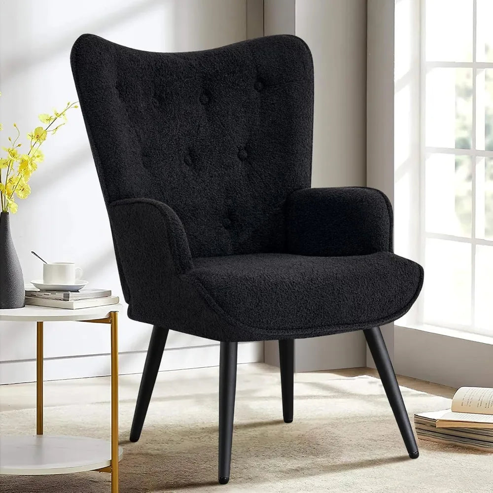Boucle Accent Chair for Living Room, Upholstered Reading Chair with High Backrest, Tufted-Button Wingback Armchair