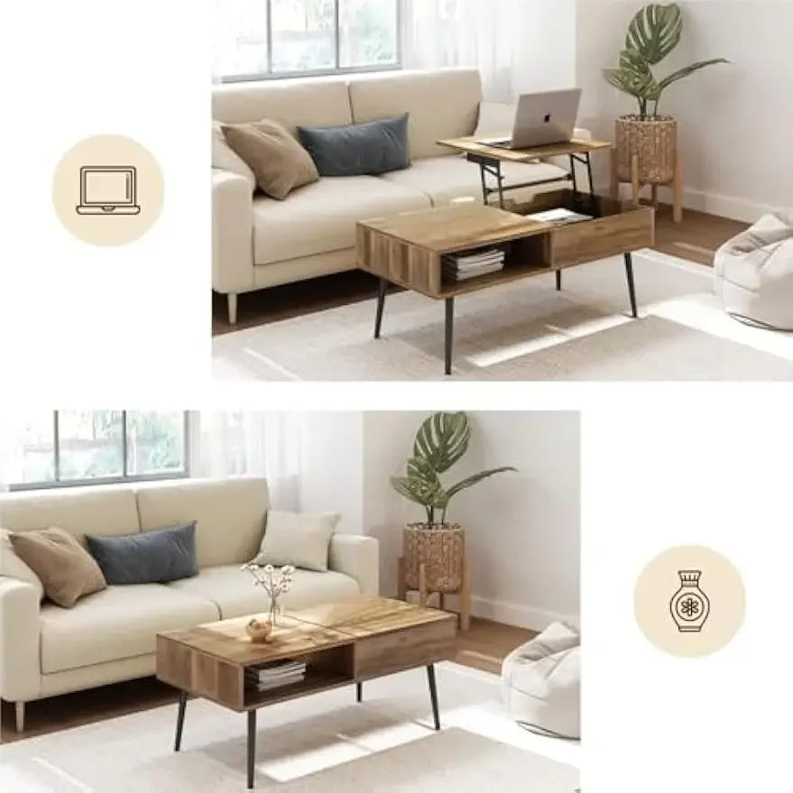 Coffee Table, 39" Lift Top Coffee Table with Hidden Compartment, Small Wooden Center Table for for Home, Living Room, Natural