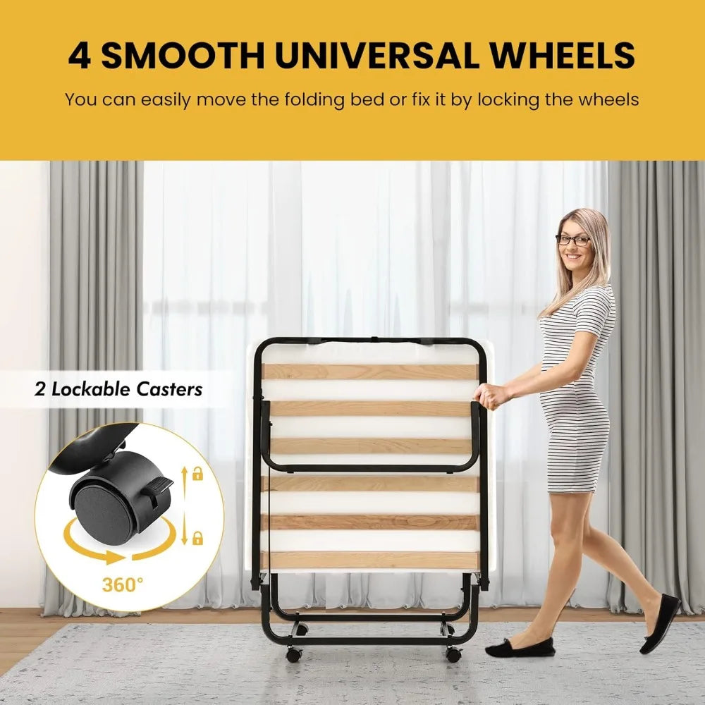 Folding Bed with Mattress for Adults, Cot Size Rollaway Bed for Guest, Portable Foldable Bed w/Memory Foam Mattress & Metal Fra