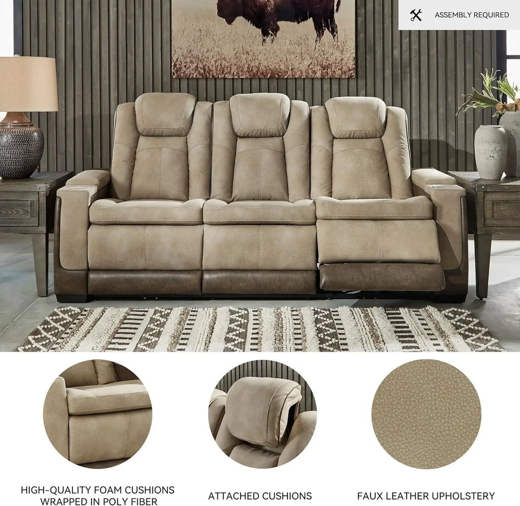 Next-Gen DuraPella Power Reclining Sofa – Wireless & USB Charging, Zero-Gravity, Water-Repellent Faux Leather, Tan/Brown