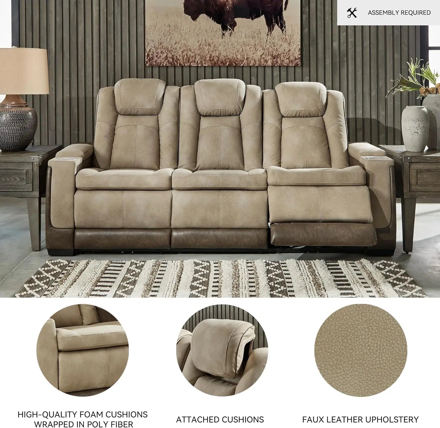 Next-Gen DuraPella Power Reclining Sofa – Wireless & USB Charging, Zero-Gravity, Water-Repellent Faux Leather, Tan/Brown