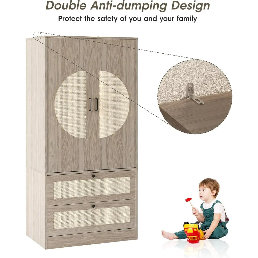 Large Wooden Boho Wardrobe with 2 Drawers, 65" High, Rattan Door Accents, and Hanging Rod for Bedroom