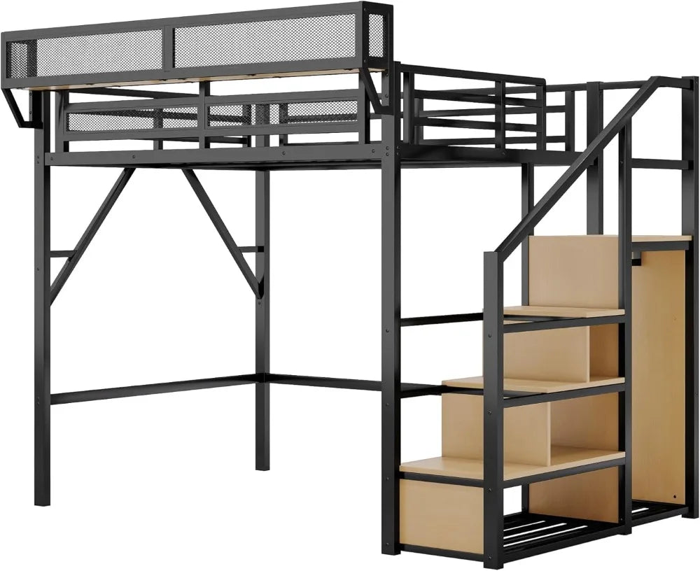 Full Size Metal Loft Bed with Staircase, Built-in Storage Shelves & Wardrobe, Easy Assembly, Black