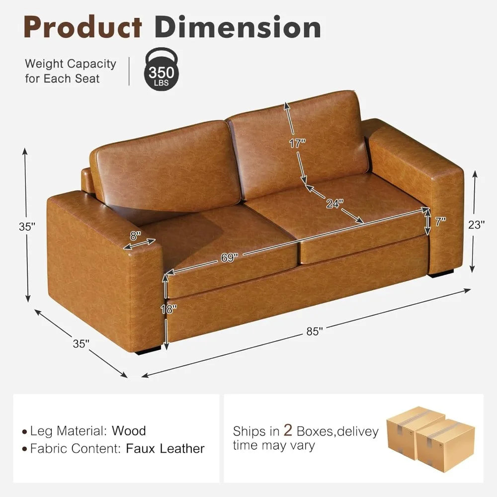 85" Faux Leather Couch with Padded Cushions, Mid-Century Modern Sofa with Extra Deep Seats, 3-Seater Sofa Couch for Living Room