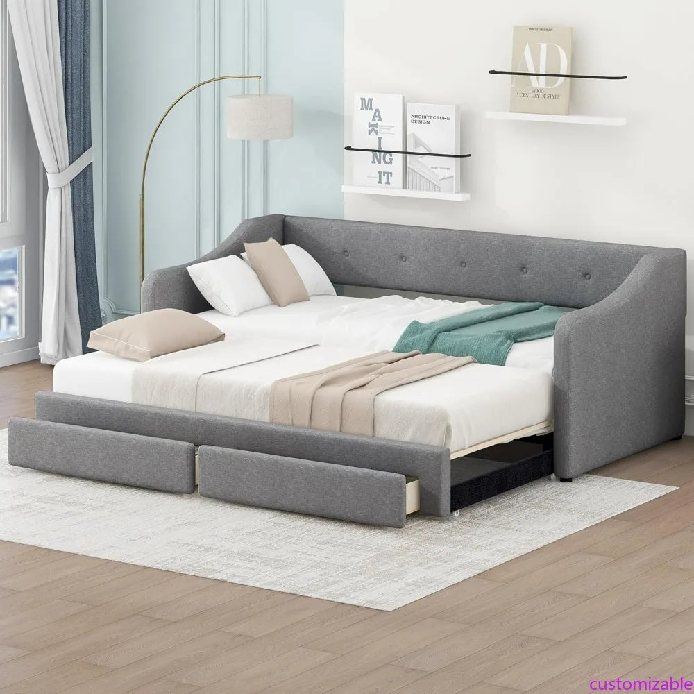 Merax Linen-Covered Daybed with Trundle and Storage Drawers, Twin/ XL to King Wooden Bed Frame with Buttoned Back for Living Space