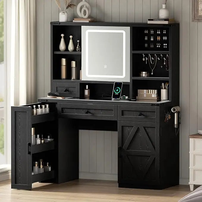 Customizable Rustic-Style Makeup Vanity Desk With Sliding Mirror, Lighting, And Glass Top Charging Station
