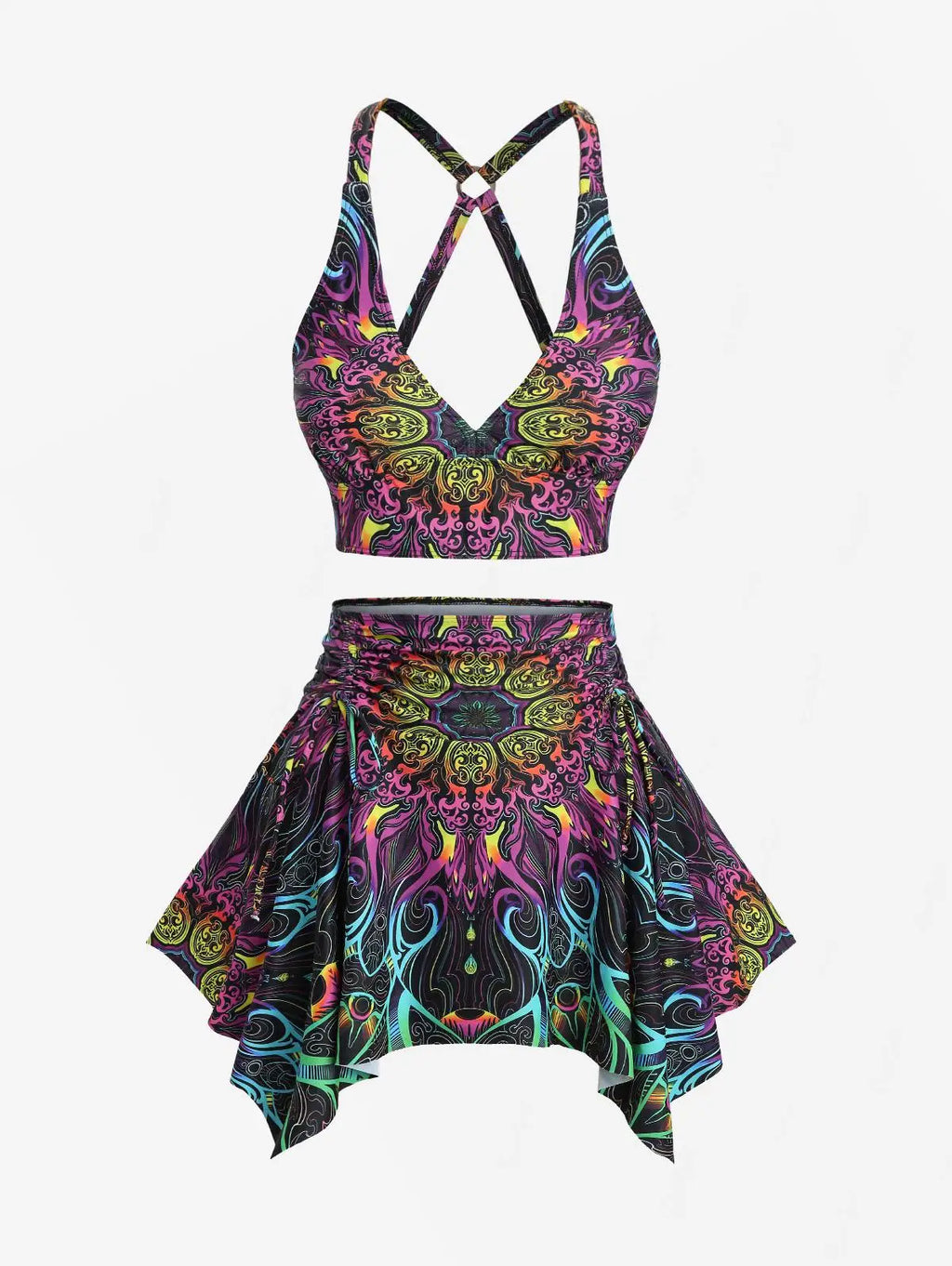 ROSEGAL Plus Size Tankini Swimsuit/ Two Pieces Floral Retro Pattern Printed Crisscross  Skirted Swimwear