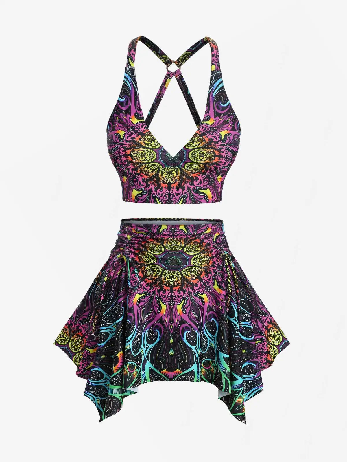 ROSEGAL Plus Size Tankini Swimsuit/ Two Pieces Floral Retro Pattern Printed Crisscross  Skirted Swimwear