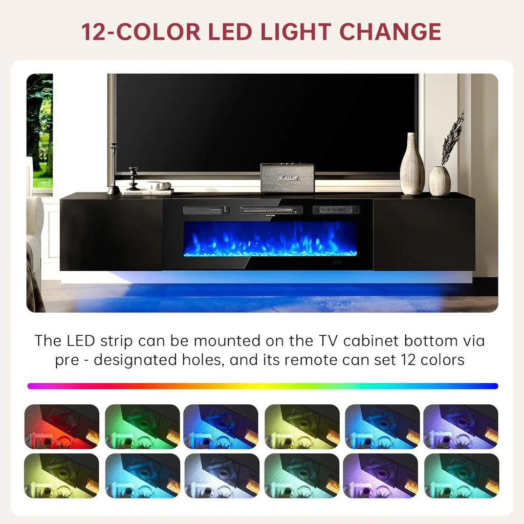70" Floating TV Stand with 36" Electric Fireplace, Wall Mounted Fireplace Entertainment Center with Storage