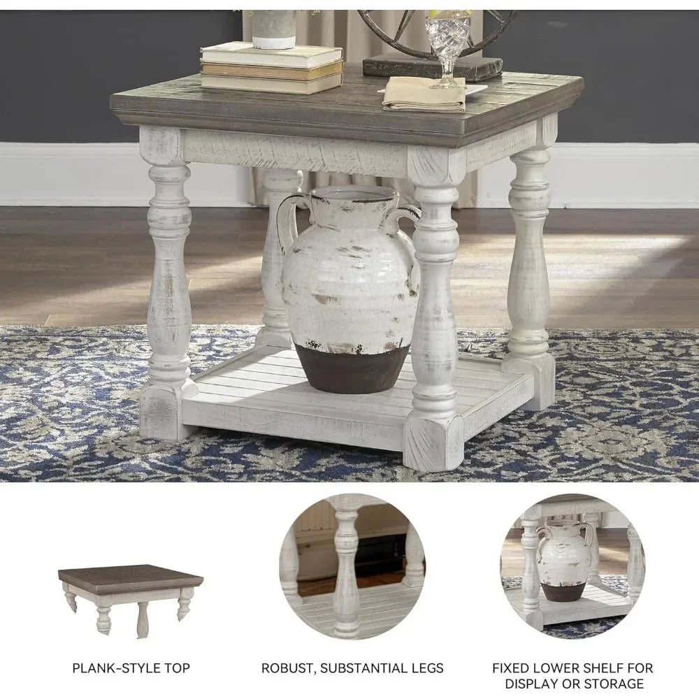 Limited Time Offer, Farmhouse Square End Table with Floor Shelf, Vintage Gray & White with Weathered Finish