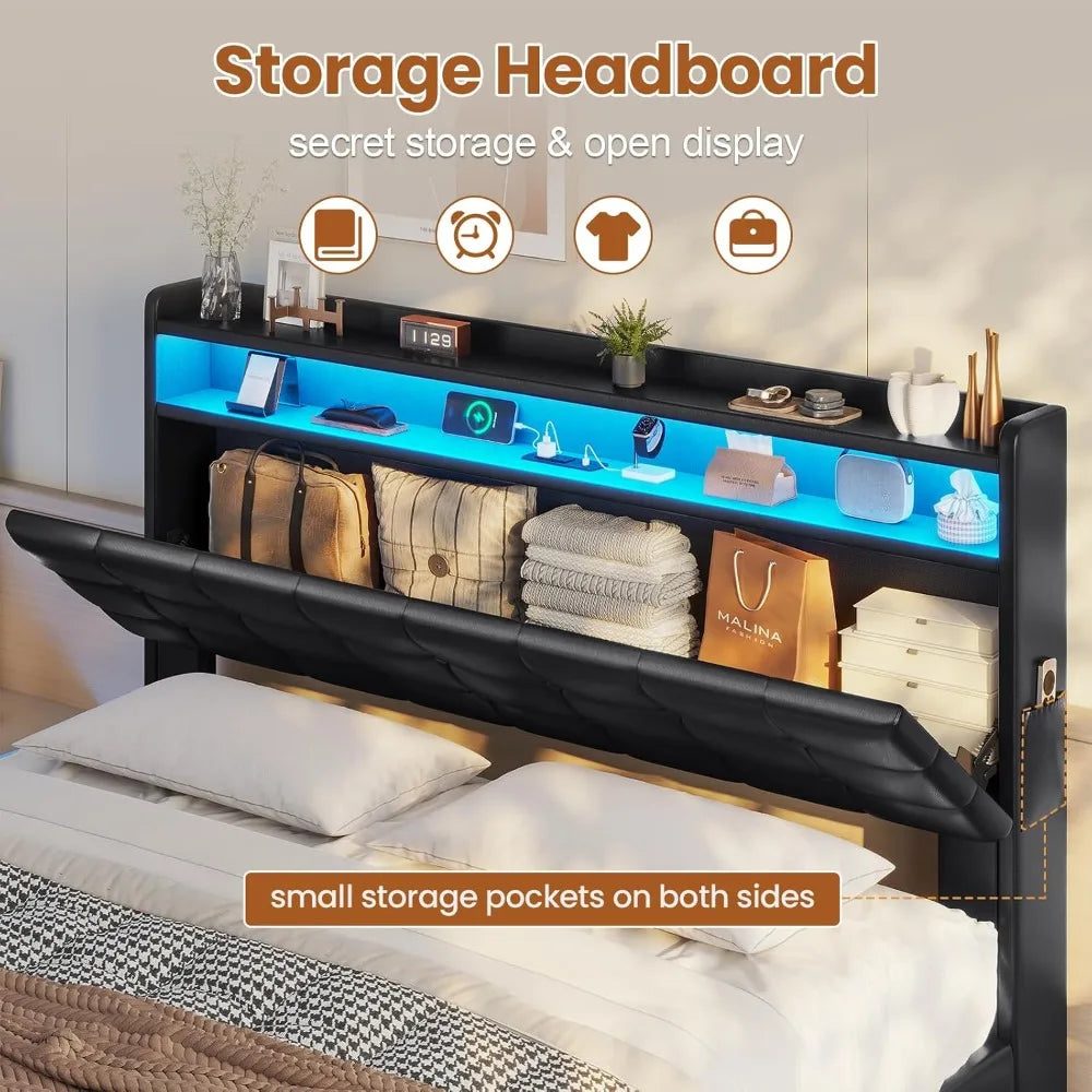 Lift Up Storage Queen Bed Frame with Type-C Charging Station & Hidden Storage Headboard, LED Lights Upholstered Platform