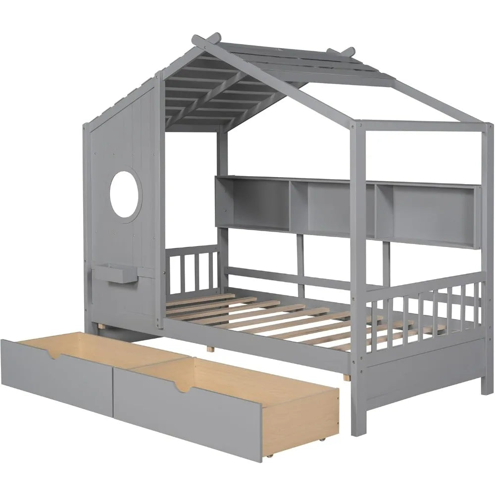 Twin-Sized Storage Drawer Bed Frame with Shelves, Wooden Kids' House Bed with Roof for Boys and Girls