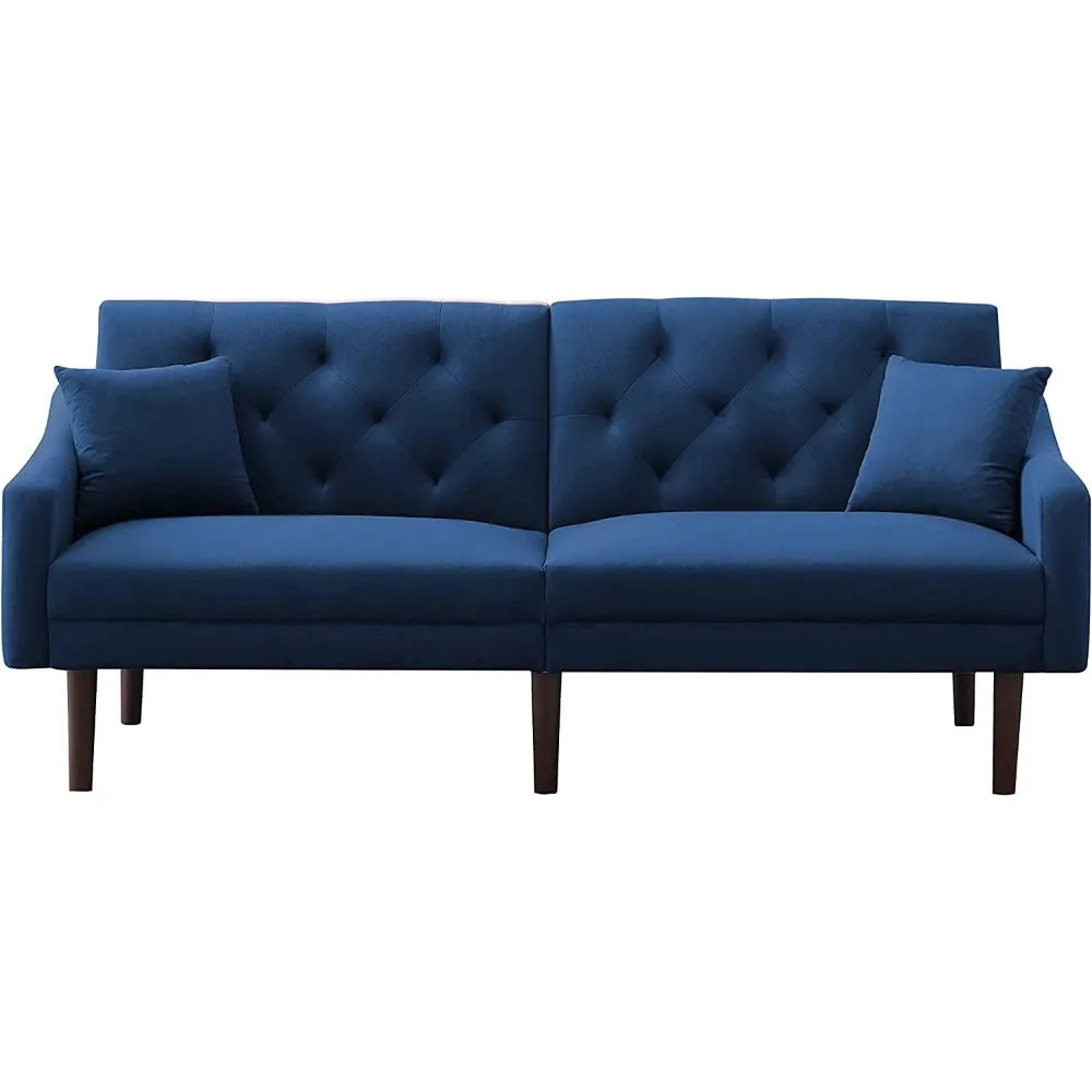 Convertible Futon Sofa Bed & Upholstered Velvet  Folding Sleeper Couch with 2 Pillows & Adjustable Backrest, Living Room Sofa