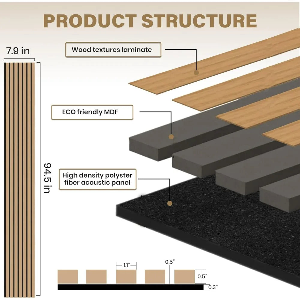 4-Piece Oak Wood Acoustic Wall and Ceiling Panels, 3D Fluted Design for Sound Absorption, 94.5 x 7.9 Inches