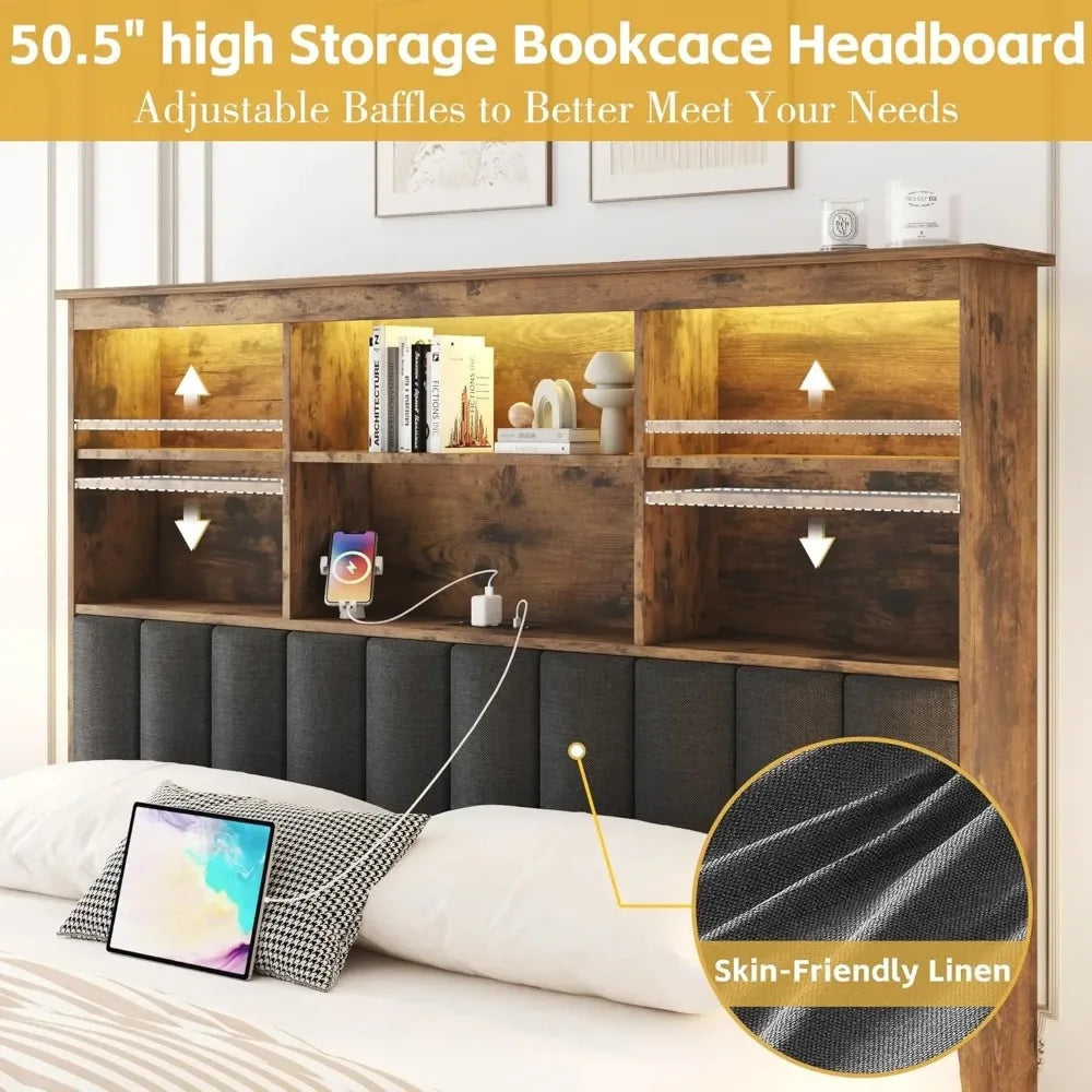 Large Bed Frame with Headboard, High Storage Bookshelf Headboard, 4 Storage Drawers, Charging Station and LED, Vintage Brown