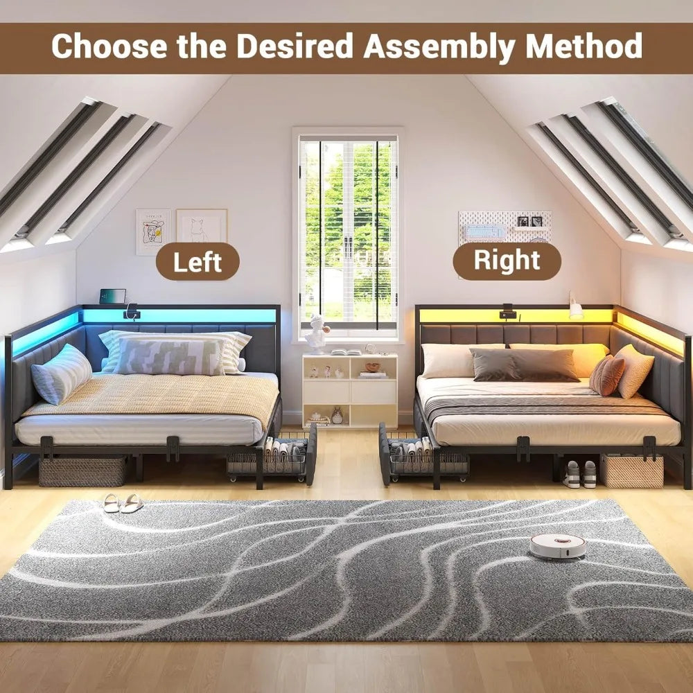 Corner Bed Frame with Storage Drawers, Full Daybed with Lined Fabric Upholstered Fence, Kids Bed Unit with LED Lights & Charger