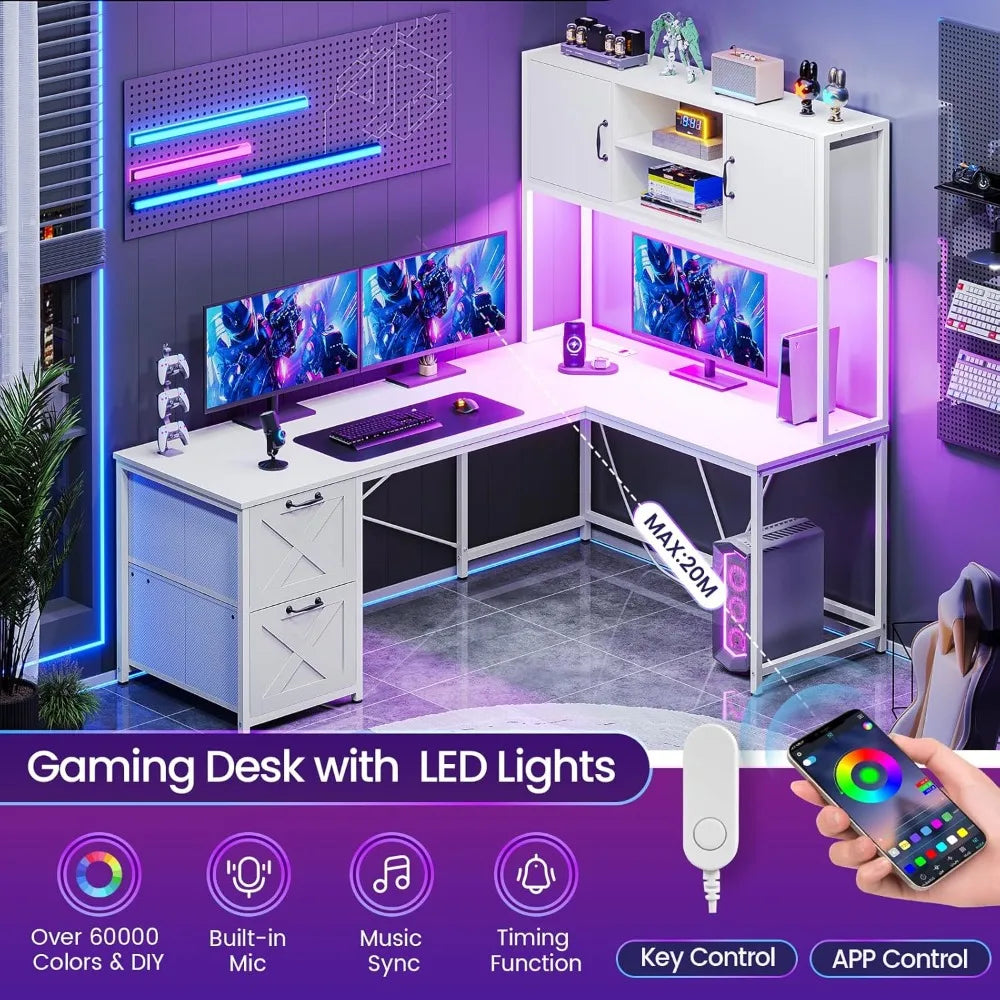Contemporary White L-Shaped Desk for Home Office, Farmhouse Style with Fabric Drawers and Built-In Power Outlet, LED Lit