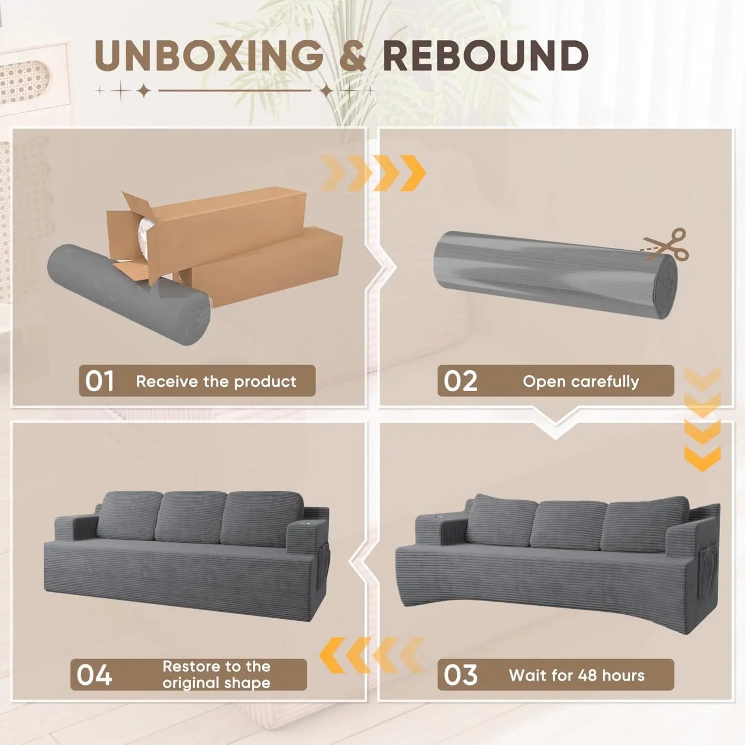 87” Boneless Sofa Couch with 2 Pillows Extra Deep Seats, Corduroy Fabric 3 Seater Sofa for Living Room with Cup Holder