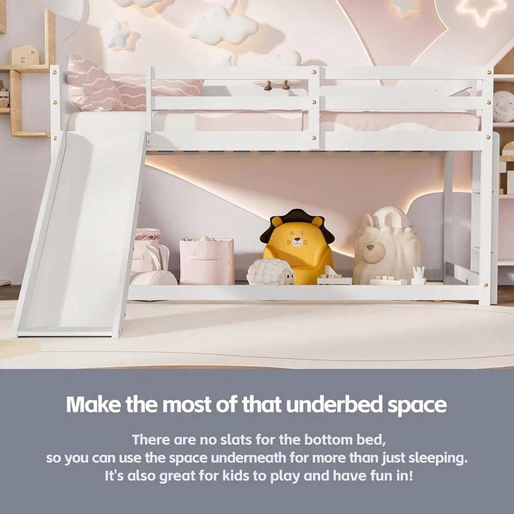 Low Bunk Bed with Slide, Floor Loft Bed with Climbing Ladder, Wood Twin Bunk Bed Frame with Full Guardrails & Storage Space