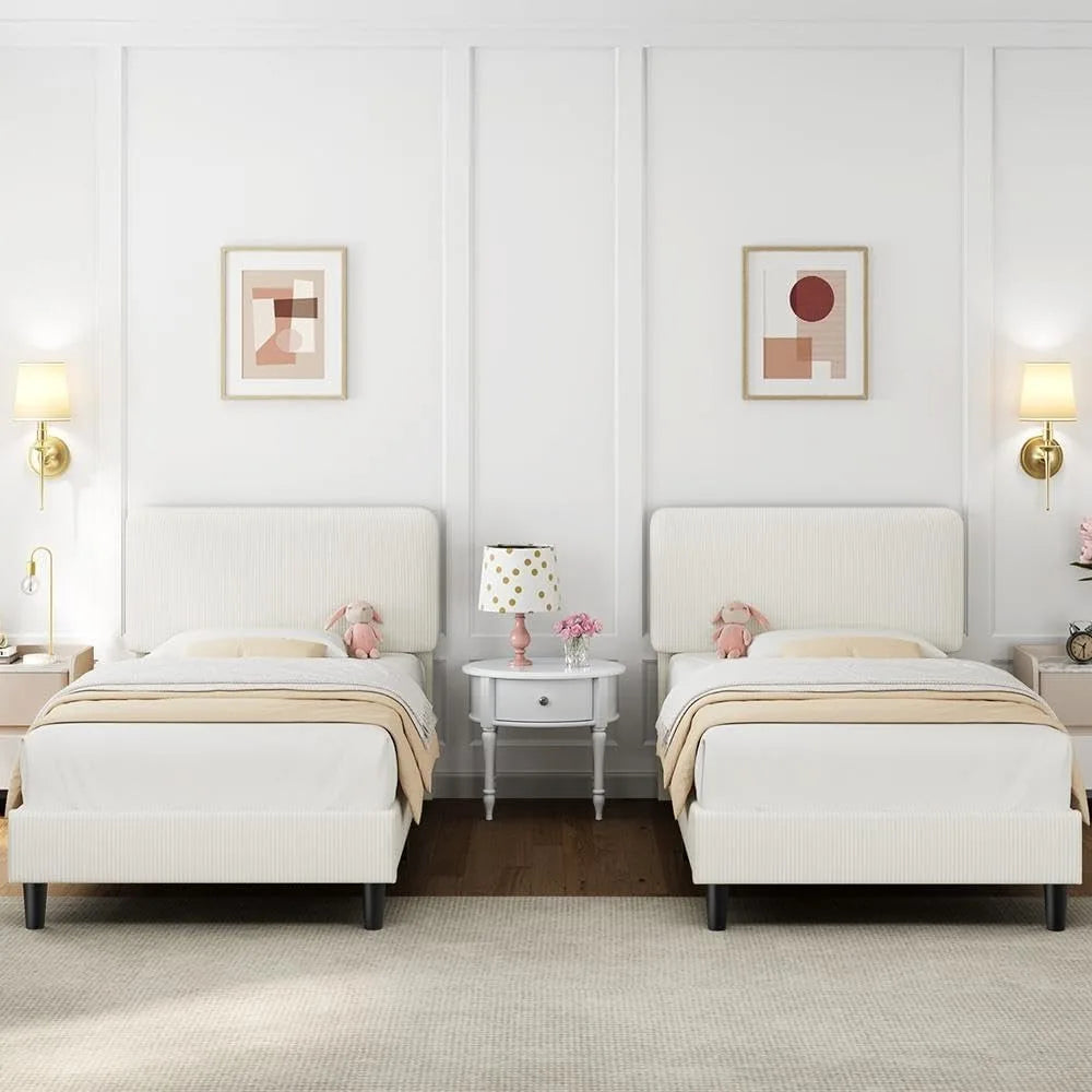 Twin Bed Frames with Adjustable Headboard, Chenille Fabric Upholstered Headboard/Platform Bed, Twin Size Bed Frame