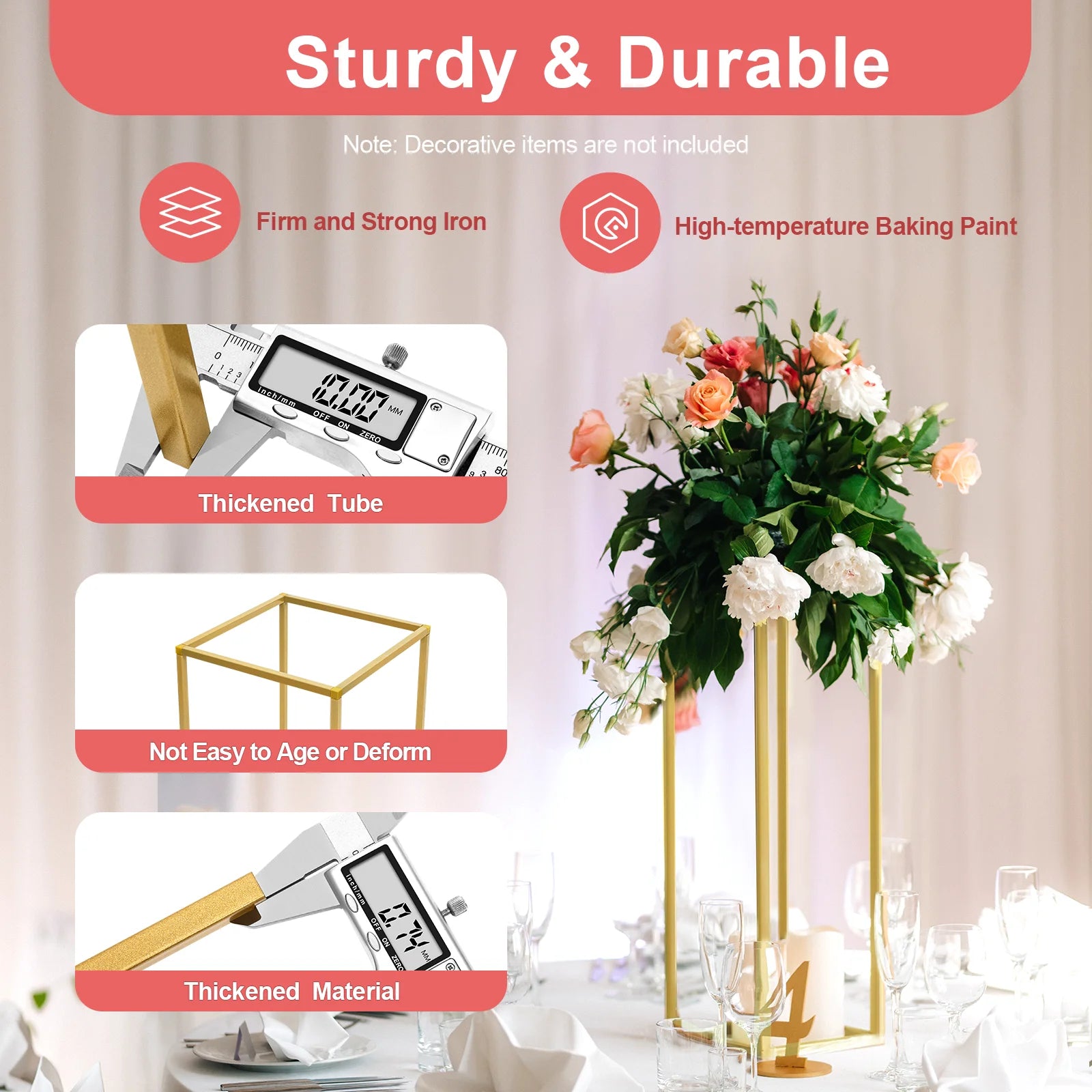 10PCS Metal Geometric Flower Vase Stand Gold Wedding Flower Stand 23.62inch Tall with Hammer for Party Table Centerpieces Events