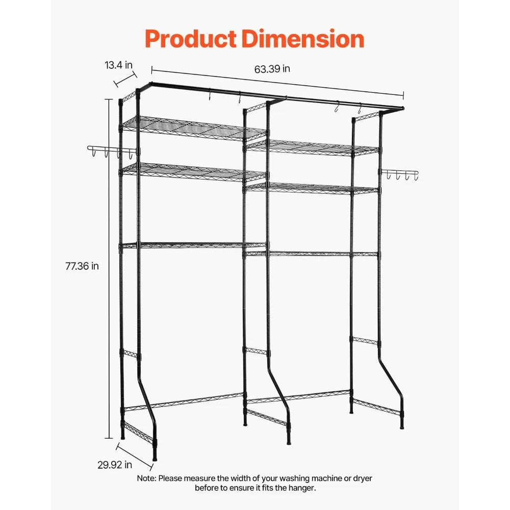 6-Tier Laundry Room Drying Rack with Hanger Bar and Hooks, Adjustable Over Washer and Dryer Storage Shelf