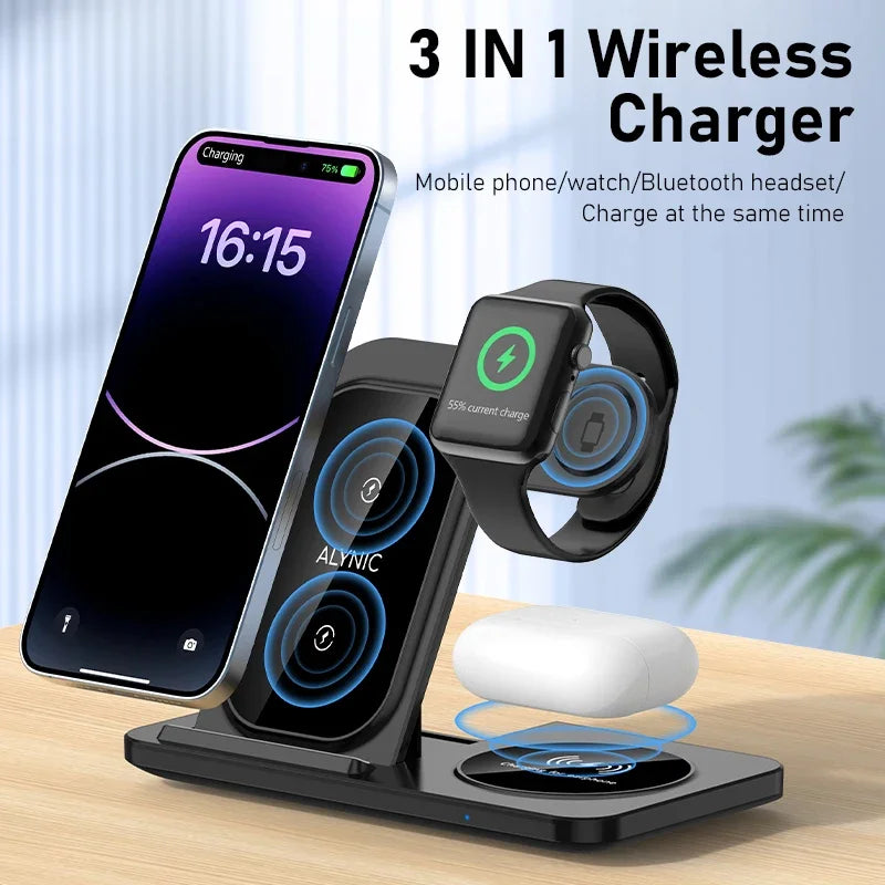 Desk Fast Wireless Charger Stand Pad/ Foldable Fast Charging Station Dock for iPhone 16 15 14 13 12 Pro Max Apple Watch, Air Pods