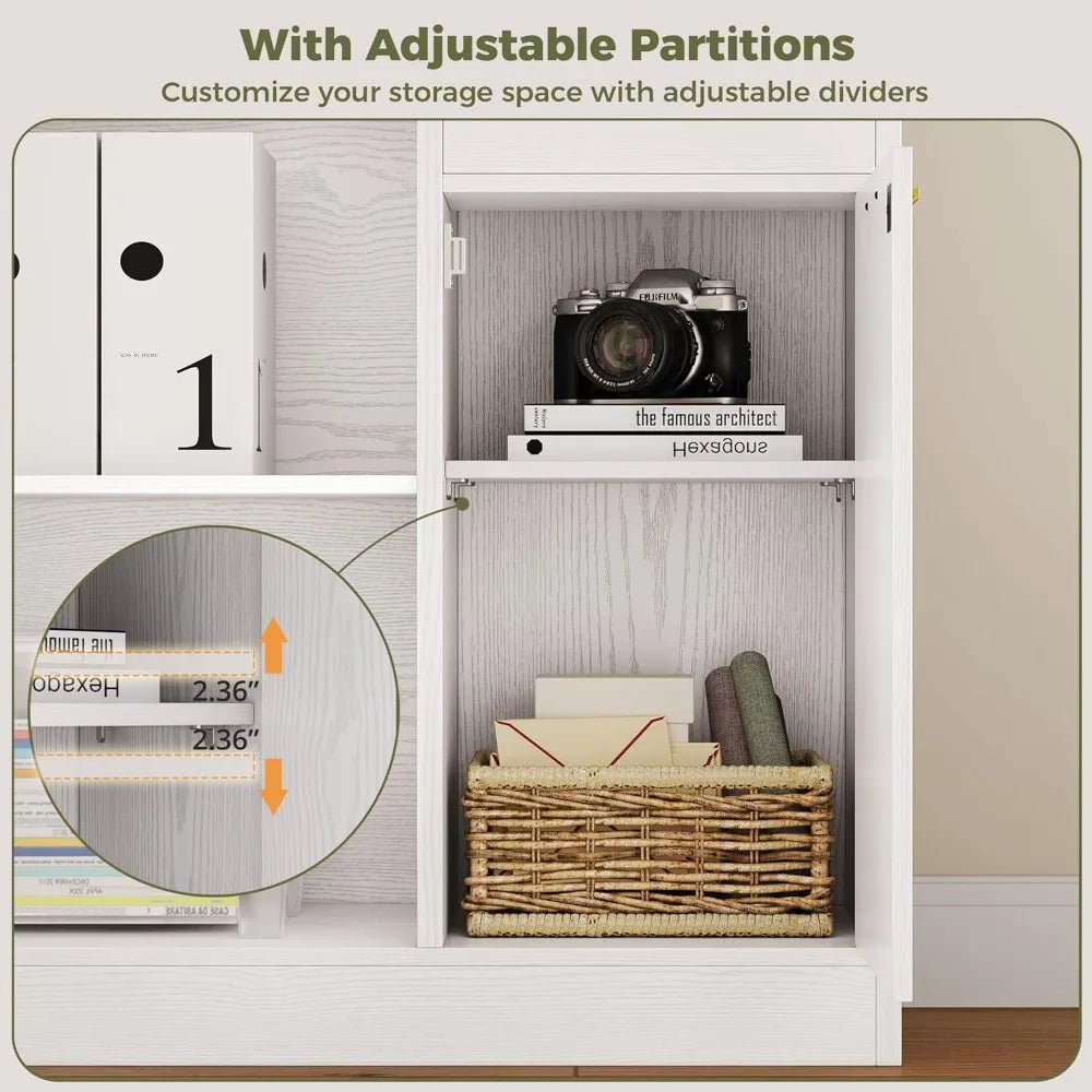 L-Shaped 76-Inch Tall Corner Bookshelf with 6 Tiers, 10 Open Shelves, and 2 Storage Drawers